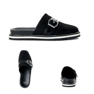 Size 9 Buckled Mule Slides Black Suede Comfort Flats Loafers Shoes